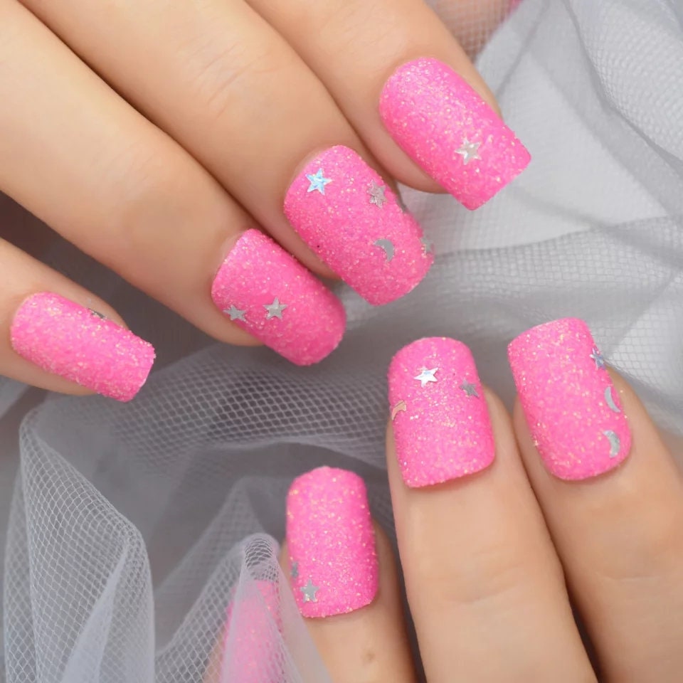 24 Hot Pink Glitter Press on nails long coffin glue on kit glam sparkly stars moon kawaii cute candy