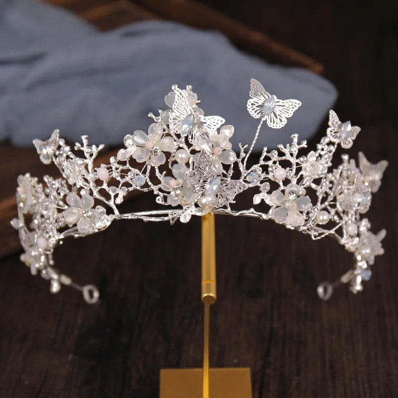 Silver Butterfly Princess Tiara Detailed Queen headdress jewelry 