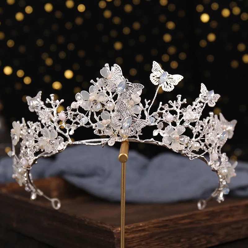 Silver Butterfly Crown Detailed Tiara Princess Queen headress jewelry bridal Halloween cosplay diadem Wedding pageant royalty Silver pastel