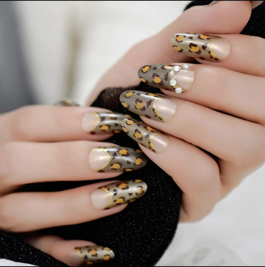 24 pcs Cat Claws Leopard print gold tan nails glue on Long press on nails classic manicure sharp