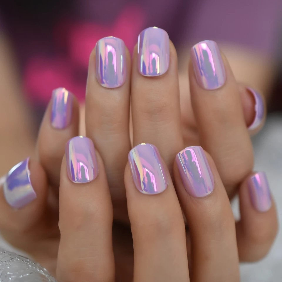 24 pink purple Holographic iridescent Unicorn Short Press on nails glue on pink shimmer