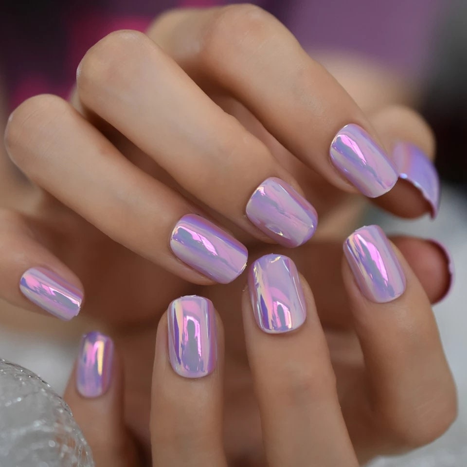 24 pink purple Holographic iridescent Unicorn Short Press on nails glue on pink shimmer