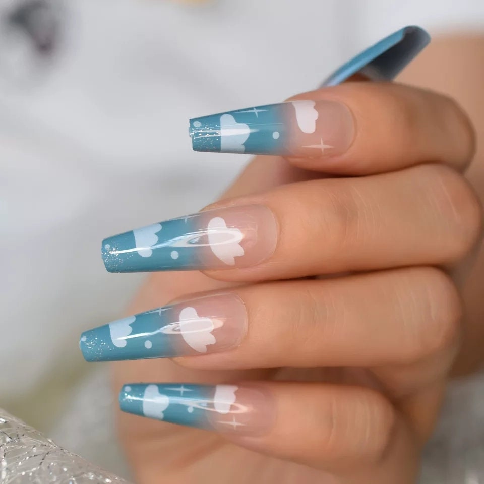 24 pcs Blue Clouds Long Press On Nails Ombre nude clear Coffin Natural nude Jelly glue on