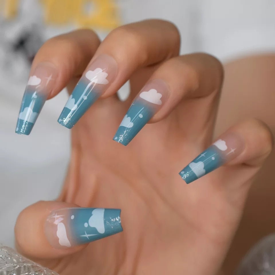 24 pcs Blue Clouds Long Press On Nails Ombre nude clear Coffin Natural nude Jelly glue on