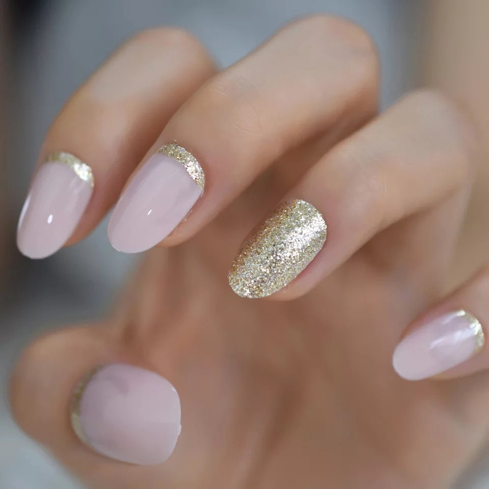 24 Pink Nude Press On nails Gold Details Classy Glue on natural classy classic elegant soft pale champagne medium almond