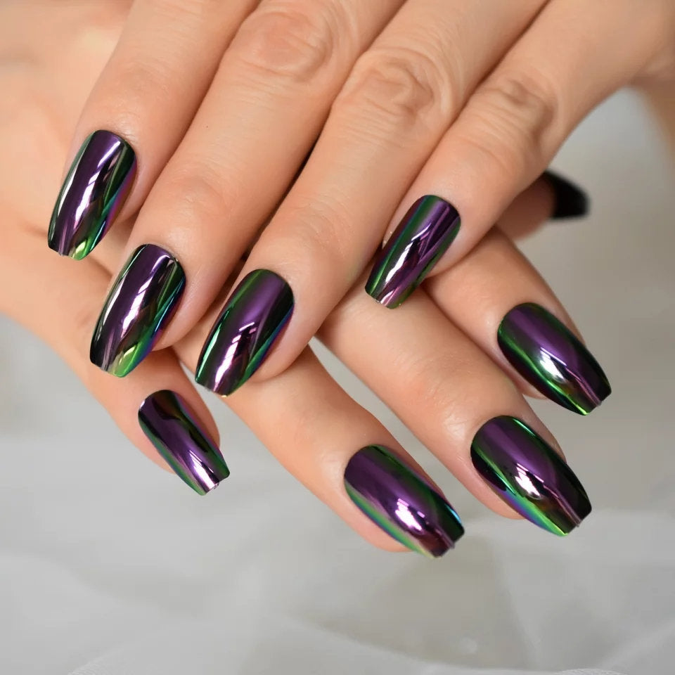 24 Oil Slick Chrome Impress Press on nails Medium Coffin Purple Green glue on mirror shiny metallic gray dark holographic goth edgy