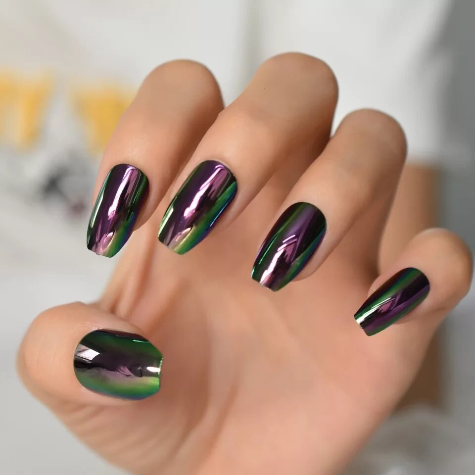24 Oil Slick Chrome Press on nails Medoum Coffin Purple Green glue on mirror shiny metallic gray dark holographic goth edgy