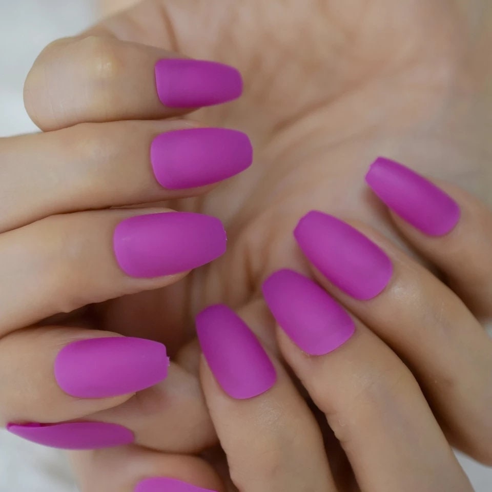 24 Bright Pink purple matte Press on nails glue on manicure neon 80s rave coffin medium
