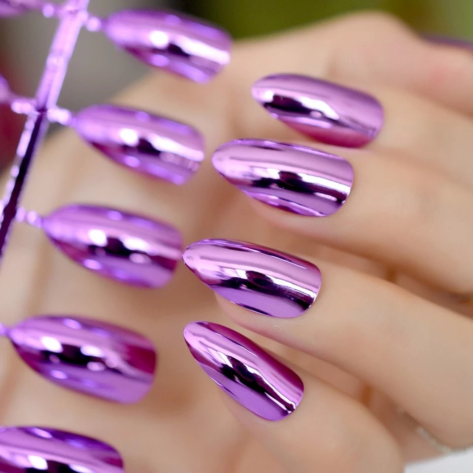 Long Press On Nails in Purple Chrome Stiletto shape with Metallic Mirror Finish surethings