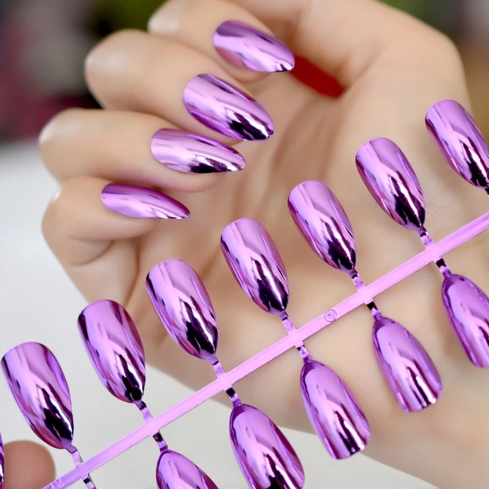 Long Press On Nails in Purple Chrome Stiletto shape with Metallic Mirror Finish surethings