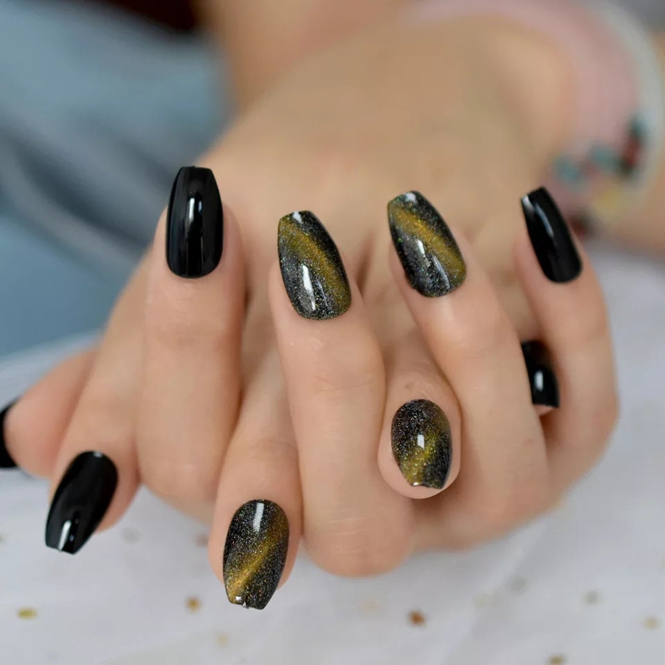 24 Glossy Black Stiletto Press on nails Galaxy witchy goth alt pointed glue on swirl green metallic magnet