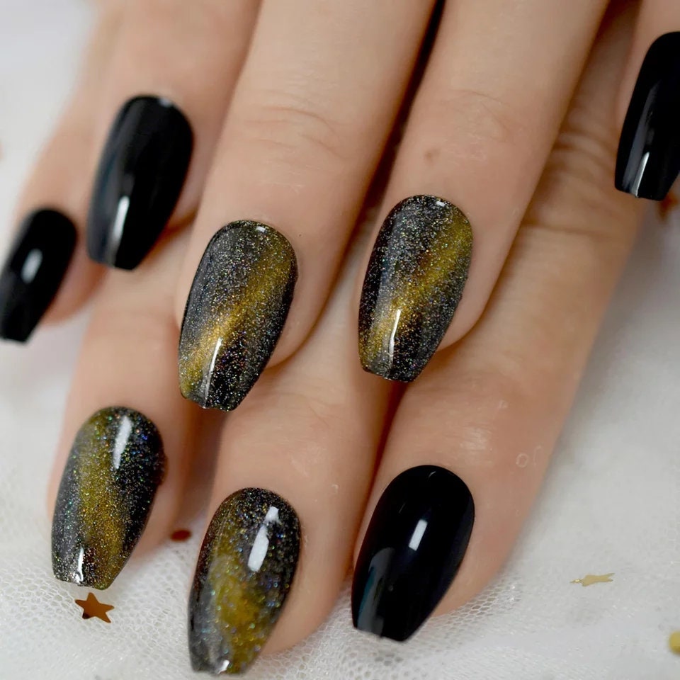 24 Glossy Black Stiletto Press on nails Galaxy witchy goth alt pointed glue on swirl green metallic magnet