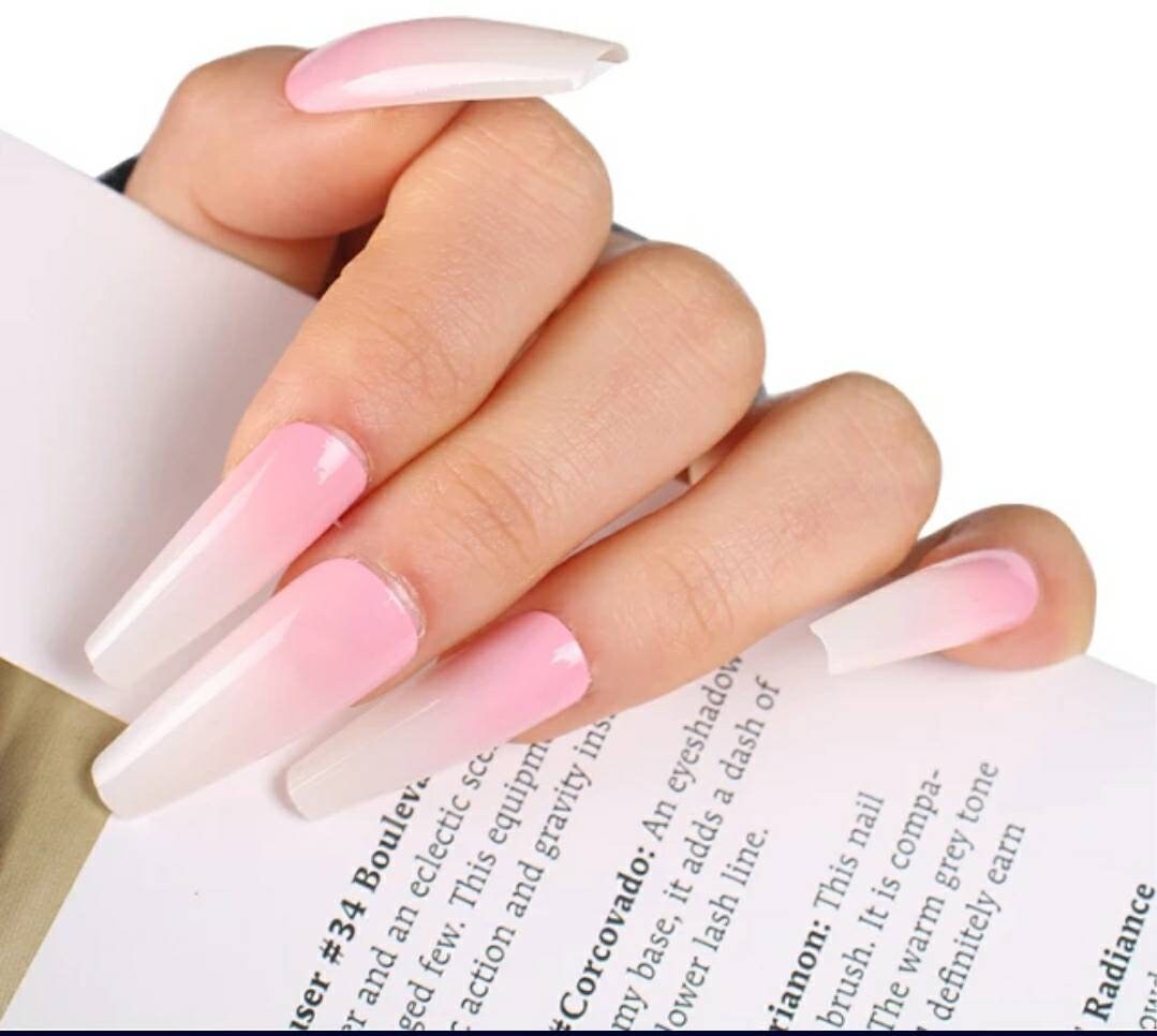 24 Extra Long Pink Ombre French mani white tip coffin nails glue on press on classic manicure