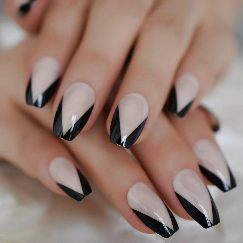 24 pcs Black Tip French Rim V shape Long Press On nails Glue on Gothic edgy trendy classic medium