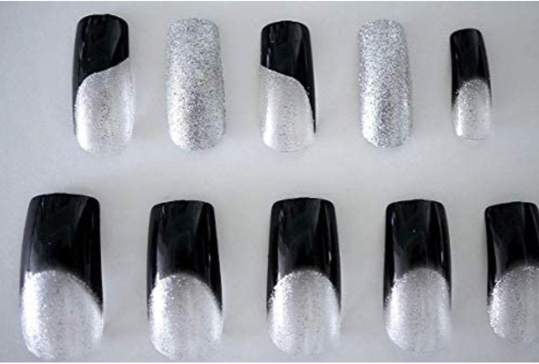 24 Silver Glitter Black Square Clear French Long Press On Nails Glue on kit goth edgy long ombre