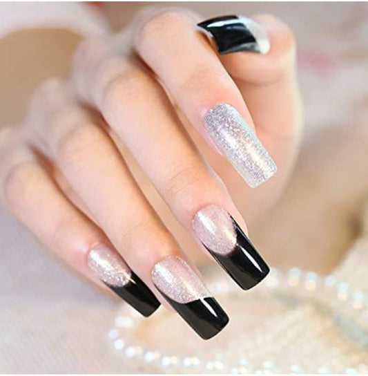 24 Silver Glitter Black Square Clear French Long Press On Nails Glue on kit goth edgy long ombre