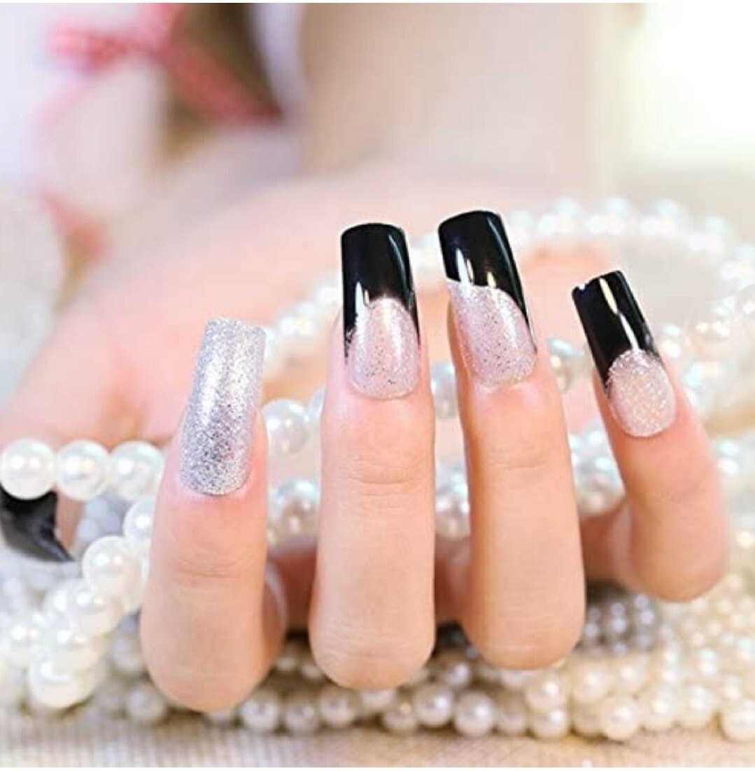 24 Silver Glitter Black Square Clear French Press On Nails Glue on kit goth edgy medium long ombre