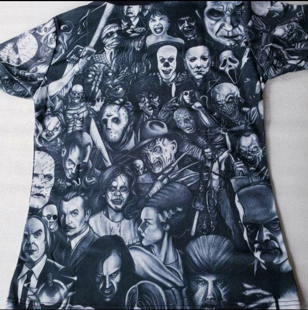 Horror Icons Shirt Collage Black Grey Jersey Limited Stock Freddy Jason Creature leather face texas chainsaw mummy shining cryptkeeper