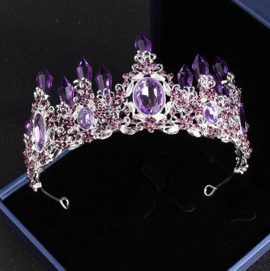 Amethyst Crystal Purple Tiara Crown Set Detailed Princess Queen headress jewelry bridal Halloween cosplay diadem quartz real metal