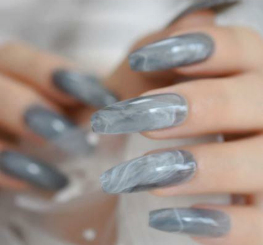 24 pcs Blue Gray marble Long  Press On Nails kit glue on Gray smoky art coffin