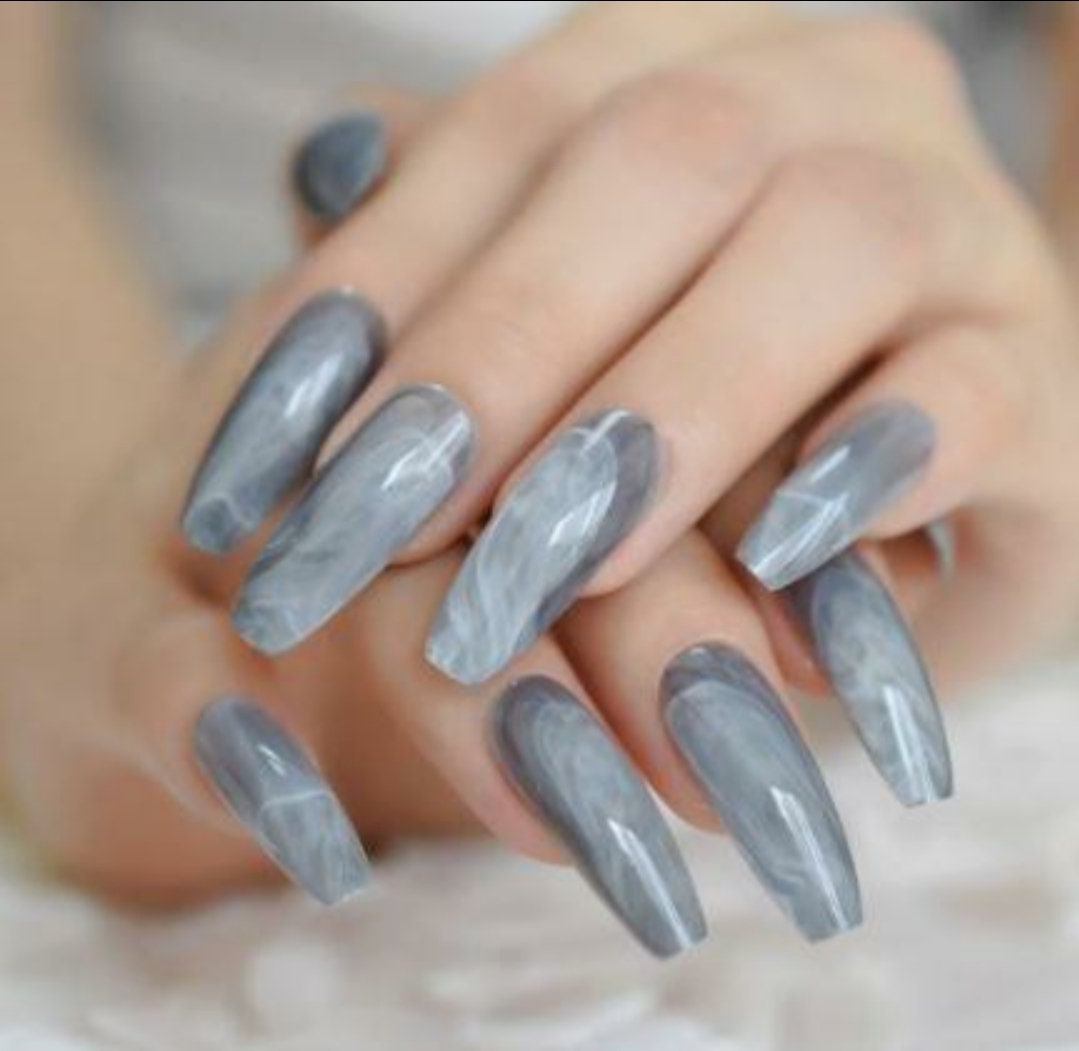 24 pcs Blue Gray marble Long  Press On Nails kit glue on Gray smoky art coffin