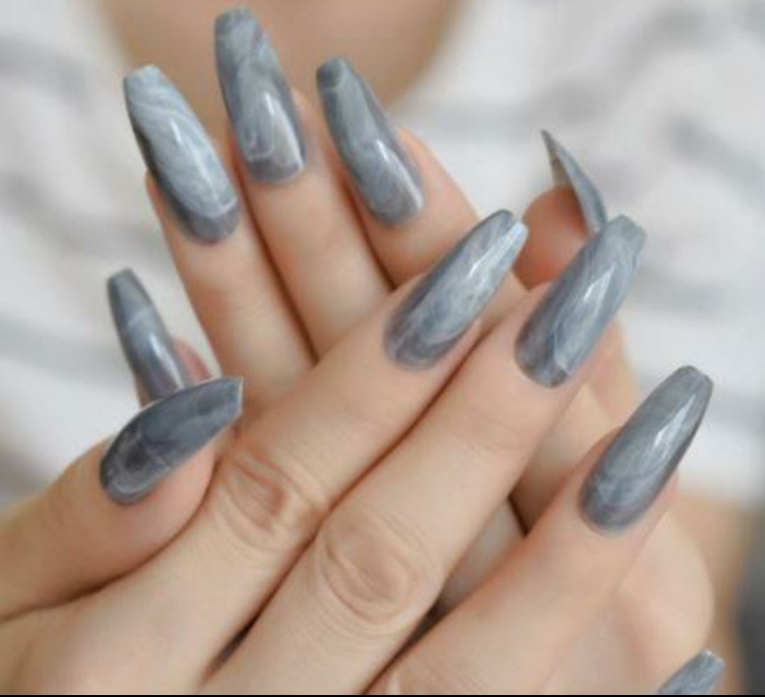 24 pcs Blue Gray marble Long  Press On Nails kit glue on Gray smoky art coffin