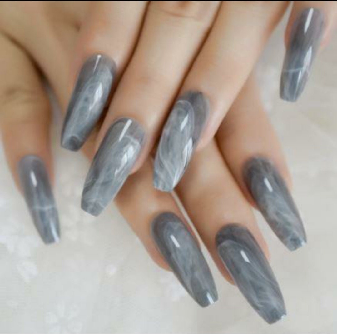 24 pcs Blue Gray marble Long  Press On Nails kit glue on Gray smoky art coffin