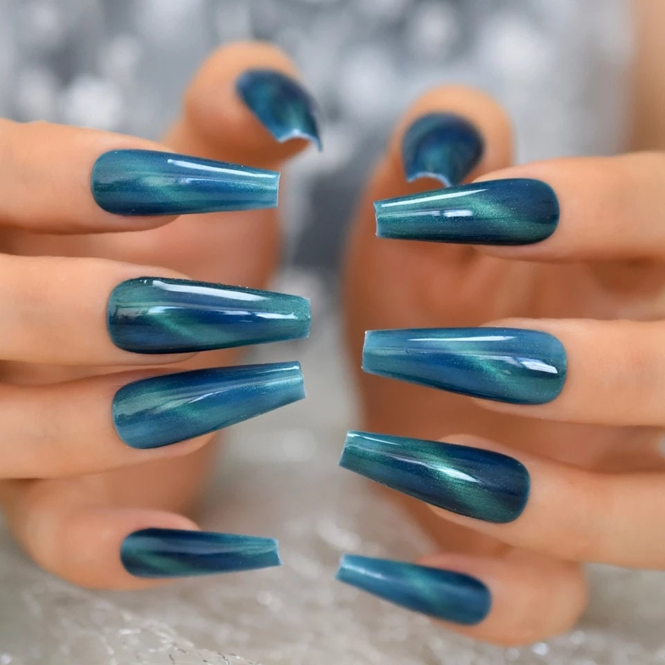 24 pcs Blue Teal Galaxy Cat Eye Gel Long Press On Nails Glossy Thick acrylic glue on magnet sky