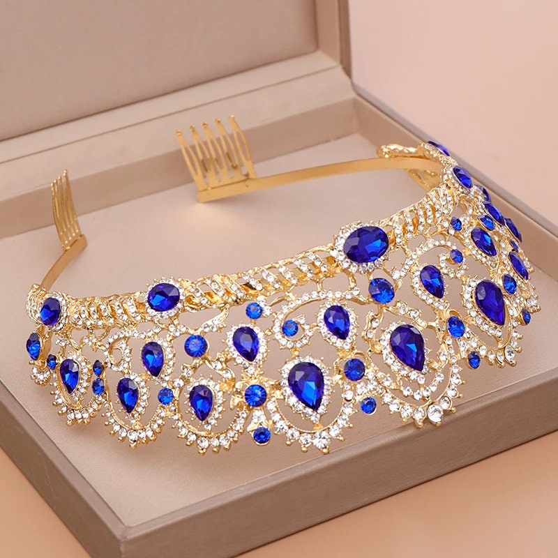 Blue sapphire Crystal Tiara Crown Detail Princess Queen headress jewelry bridal Halloween cosplay diadem spike wedding pageant gold tall