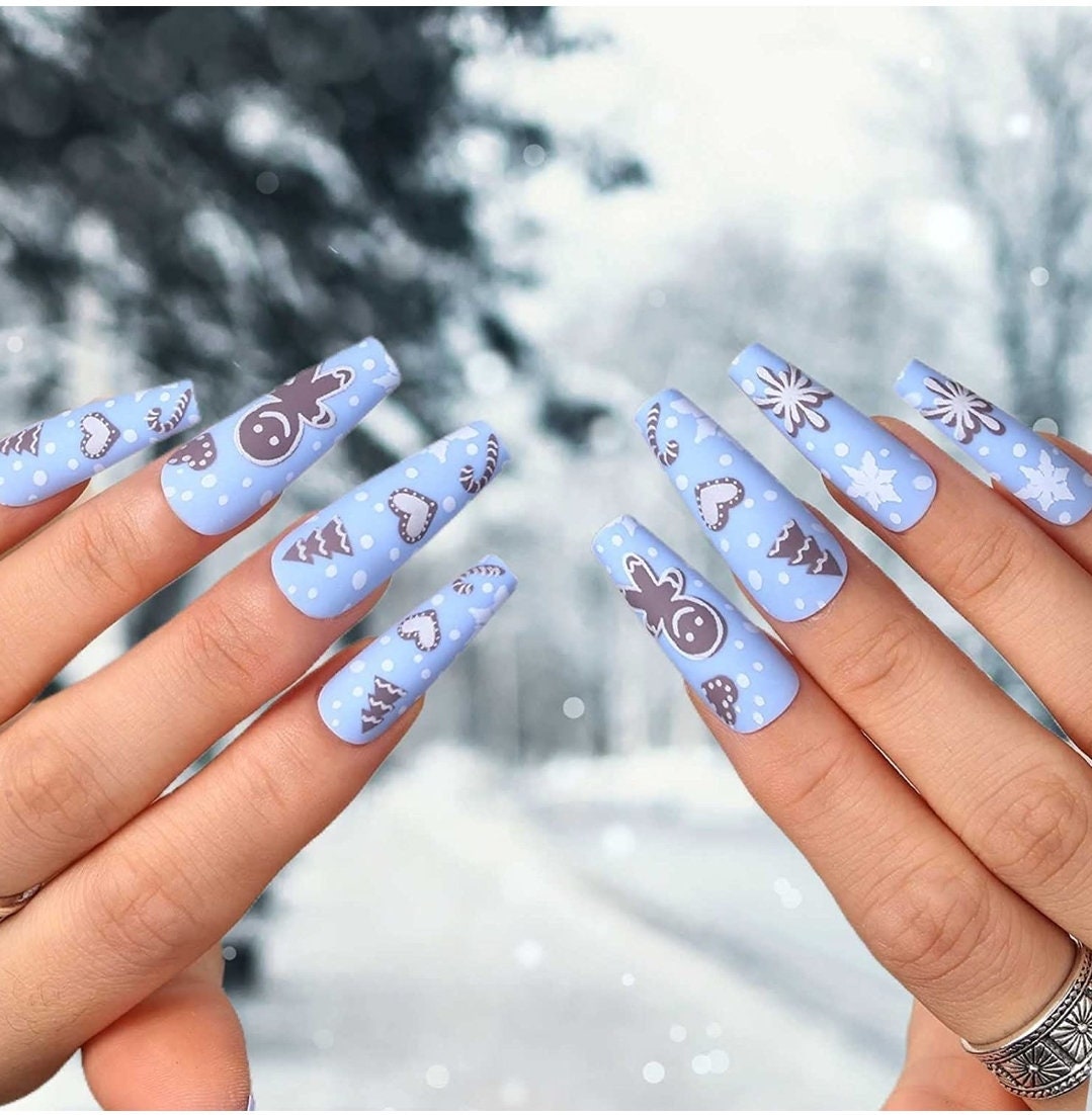 24 Matte Winter Blue Christmas Long Press on nails kit glue on snow flake gingerbread festive 