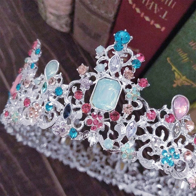 MultiColor Silver Baroque Tiara Crown Pastel Queen tall diadem headress bridal Real Metal cosplay Wedding pageant royalty pink blue aqua