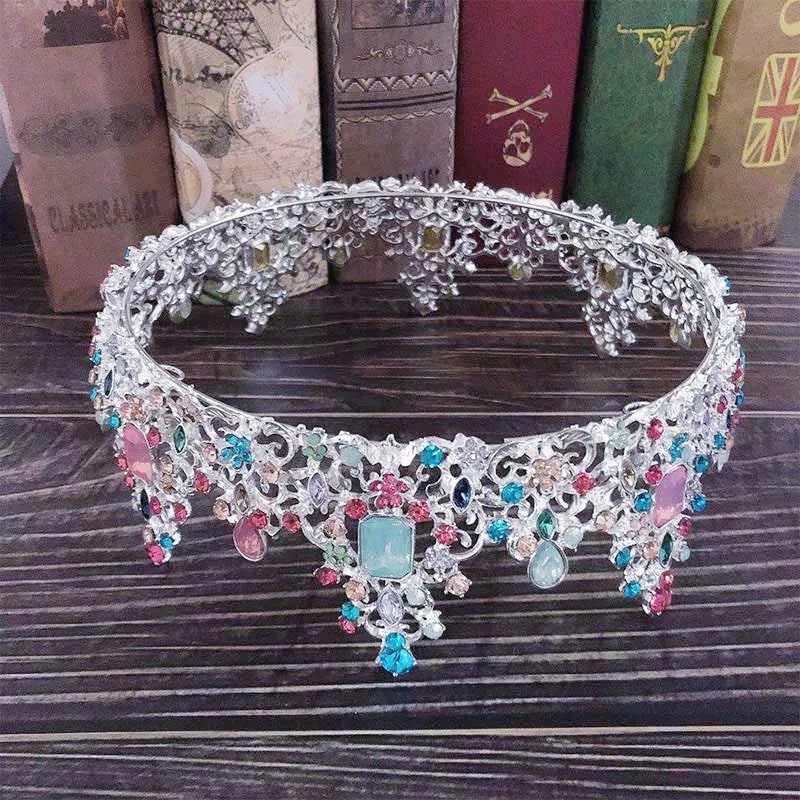 MultiColor Silver Baroque Tiara Crown Pastel Queen tall diadem headress bridal Real Metal cosplay Wedding pageant royalty pink blue aqua