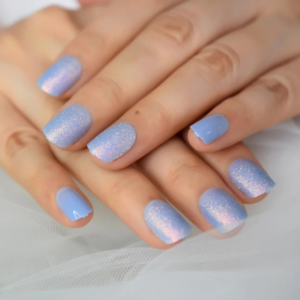 24 Icy Blue purple Holographic iridescent Unicorn Short Press on nails glue on kit winter pink shimmer
