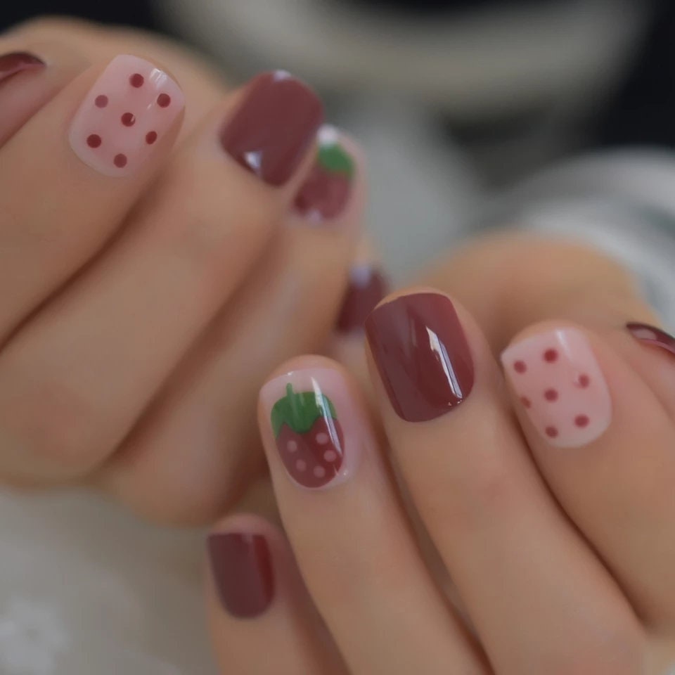 24 Red Berry Short press on nails glue on classic manicure strawberry fruit cute kawaii