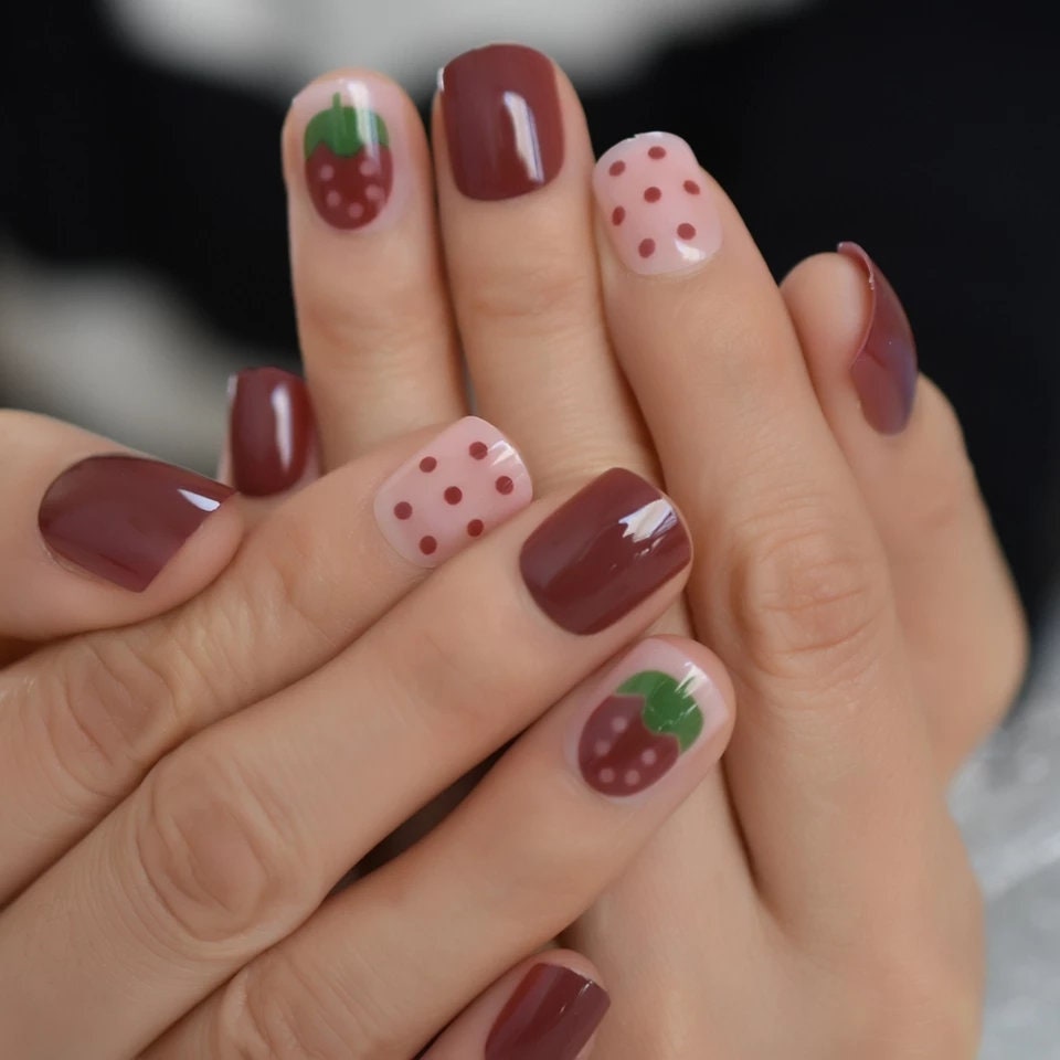 24 Short Red Berry press on nails glue on classic manicure strawberry fruit cute kawaii