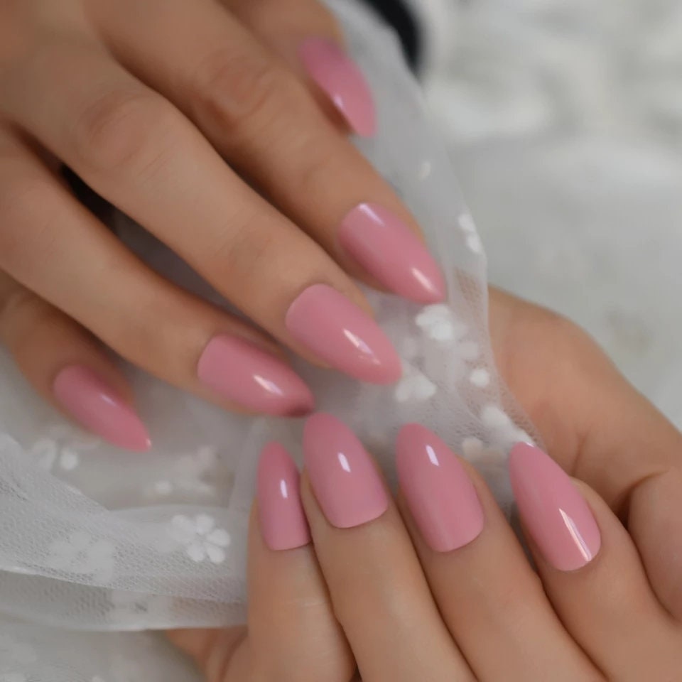 24 Medium Pink Almond Stiletto Press On Nails kit glue on glossy Pointed