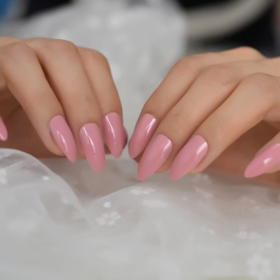 24 Medium Pink Almond Stiletto Press On Nails kit glue on glossy Pointed