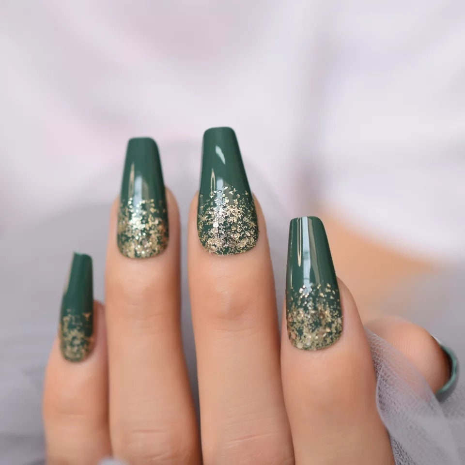 24 Green Gold Glitter Long Press on nails glue on army hunter dark coffin ombre