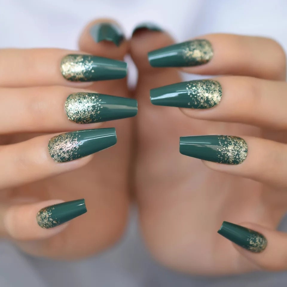 24 Green Gold Glitter Long Press on nails glue on army hunter dark coffin ombre