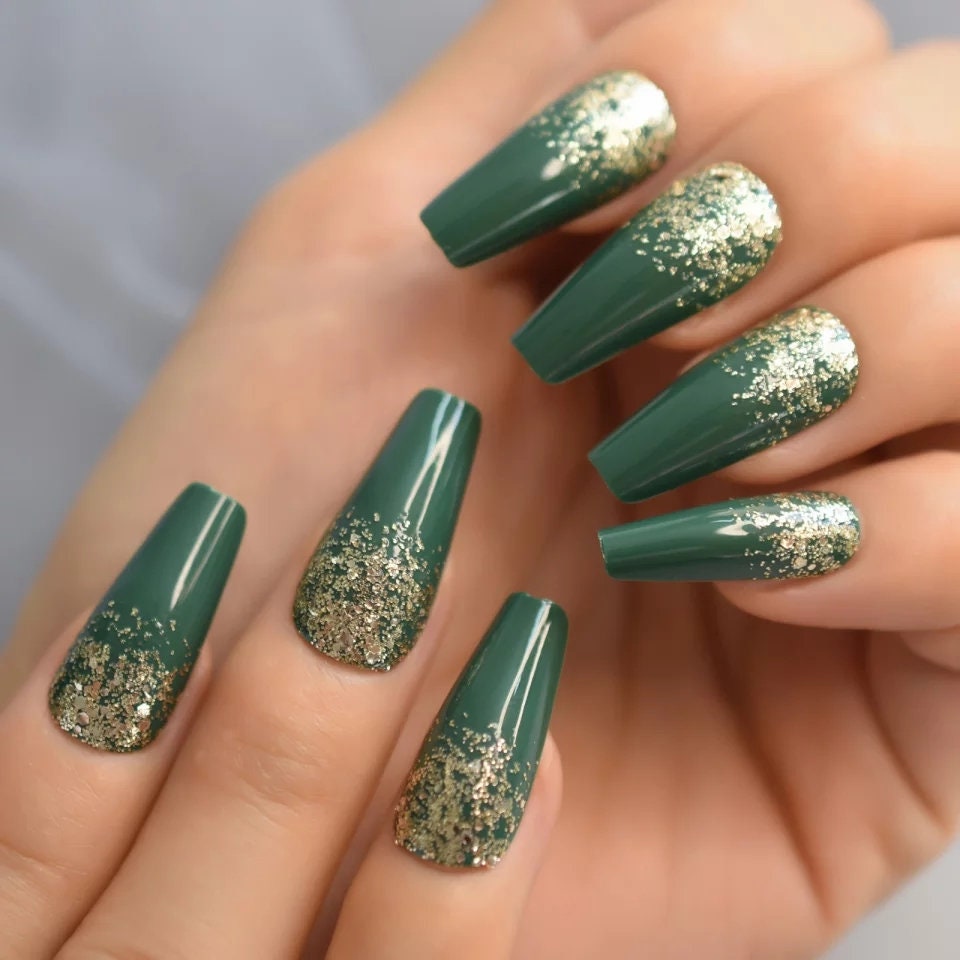 24 Green Gold Glitter Long Press on nails glue on army hunter dark coffin ombre