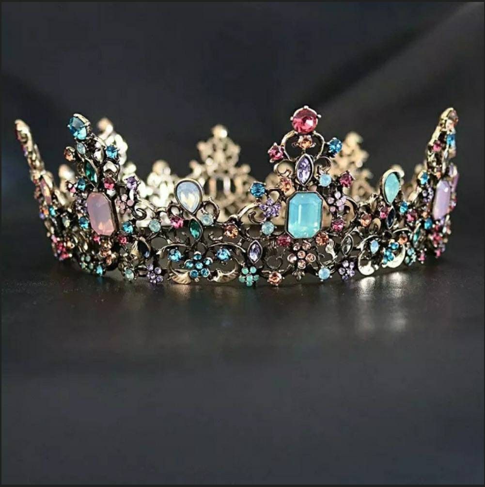 Vintage Baroque  Dark multi color Quinceanera Crowns Goth Purple Evil Queen tall diadem headress 