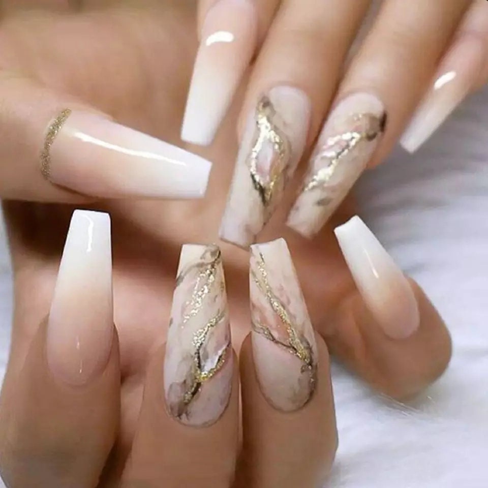24 Ombre French Tip Marble gold Long Coffin Press on nails glue on kit Nude gold flake quartz stone mani