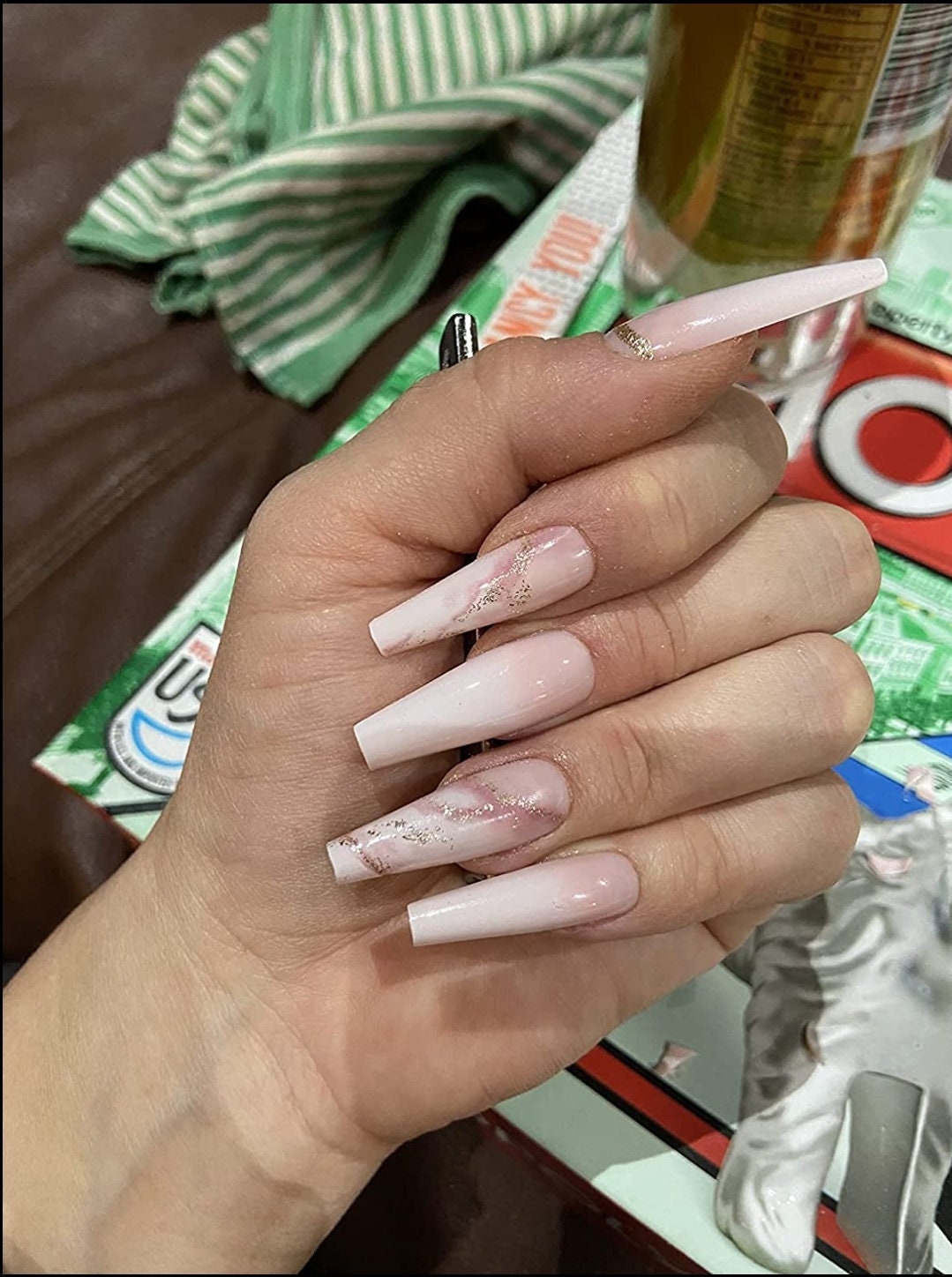 30 White Nails with Gold Flakes: Acrylic, Coffin, Ombre, Marble