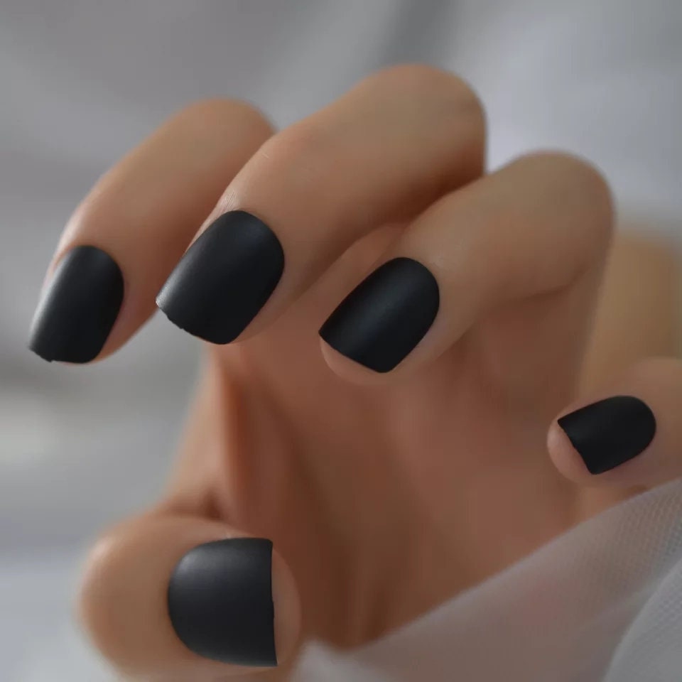 24 Short Matte Black Press On Nails Glue on kit goth edgy squoval