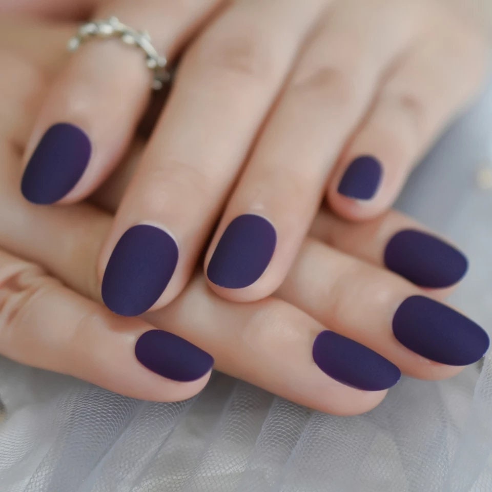 24  oval Deep Blue Short Press On Nails Glue on Satin shimmer Dark