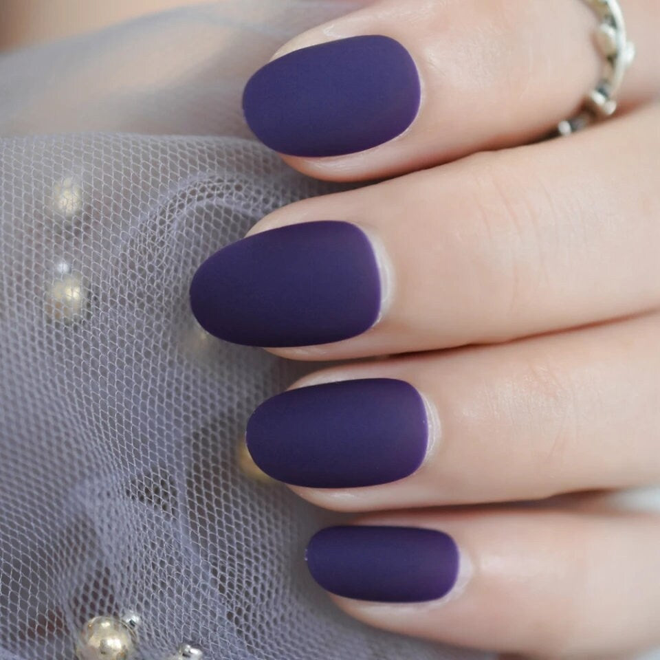 24 Dark Matte Purple Short Press On Nails kit glue on violet 90s edgy punk oval almond