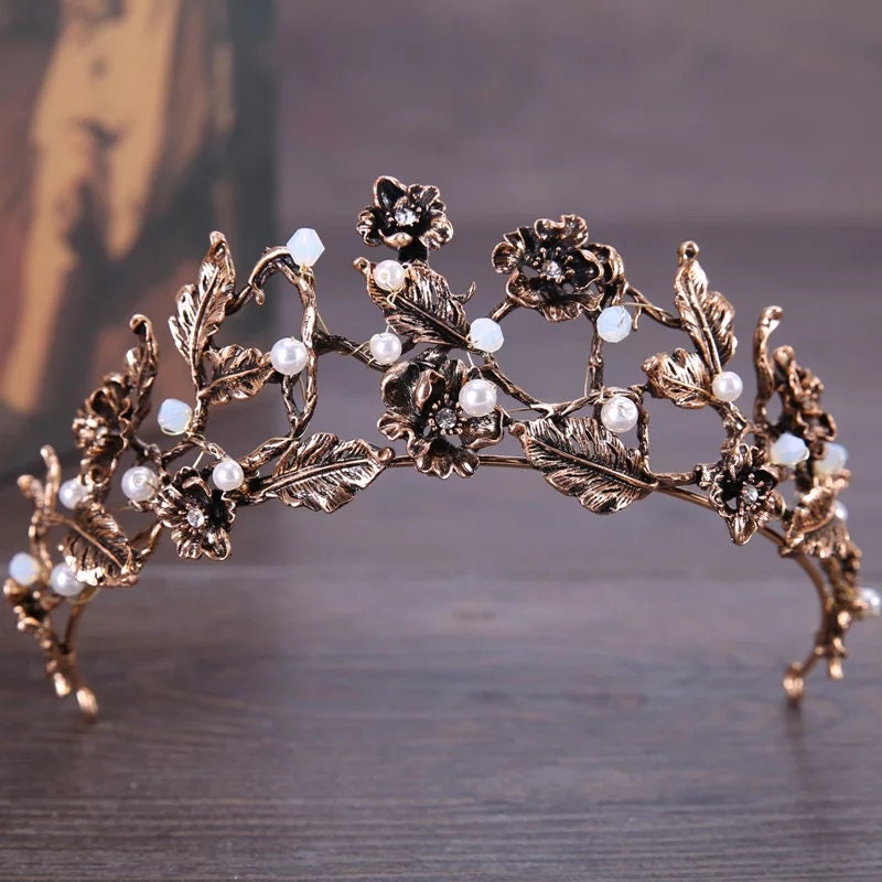 Vintage Woodland Baroque Goth Tiara Crown Princess Queen black rose headress bridal cosplay diadem gold bronze Greek leaf
