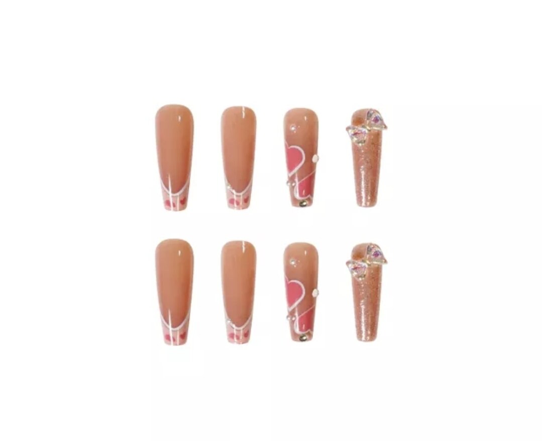 24 Nude Press On Nails Hearts Bows Glossy Extra Long Coffin glue on cream pink cute kawaii glitter