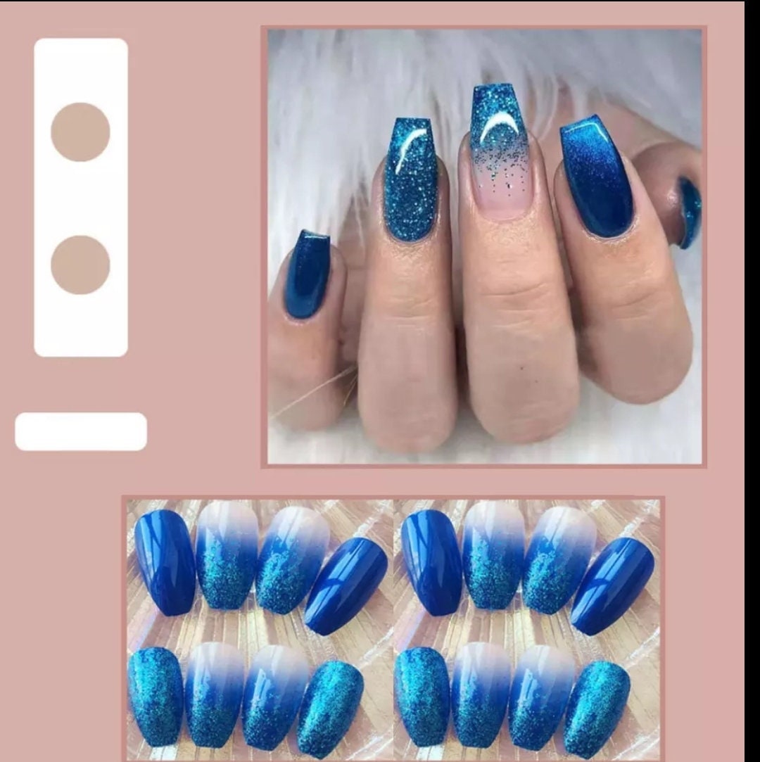 24 Blue Clear Medium Press On Nails Glossy medium Blue glue on magnet Pink almond coffee ombre glitter