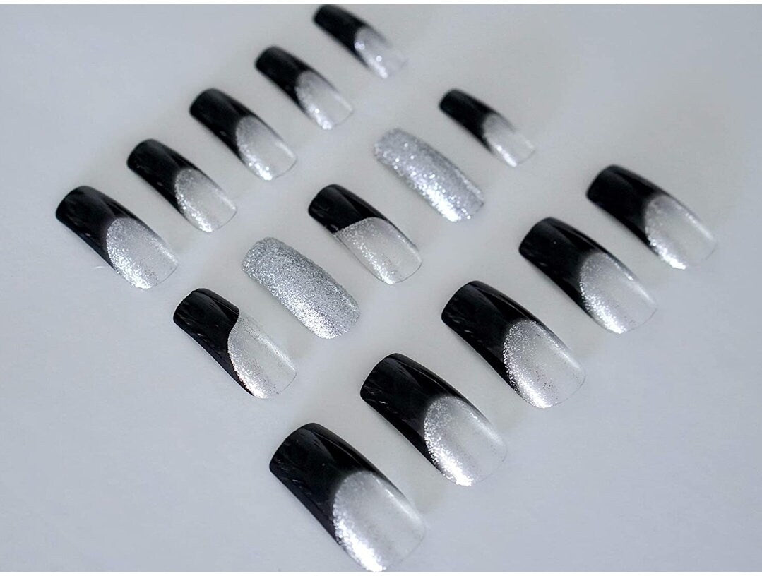 24 Silver Glitter Black Square Clear French Long Press On Nails Glue on kit goth edgy long ombre